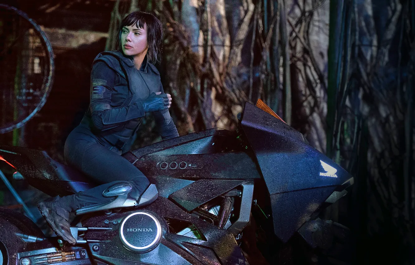 Photo wallpaper Scarlett Johansson, cinema, Honda, mecha, movie, Ghost in the Shell, film, motorbike
