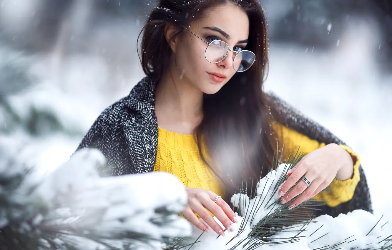 Photo wallpaper girl, long hair, brown hair, photo, photographer, blue eyes, winter, snow