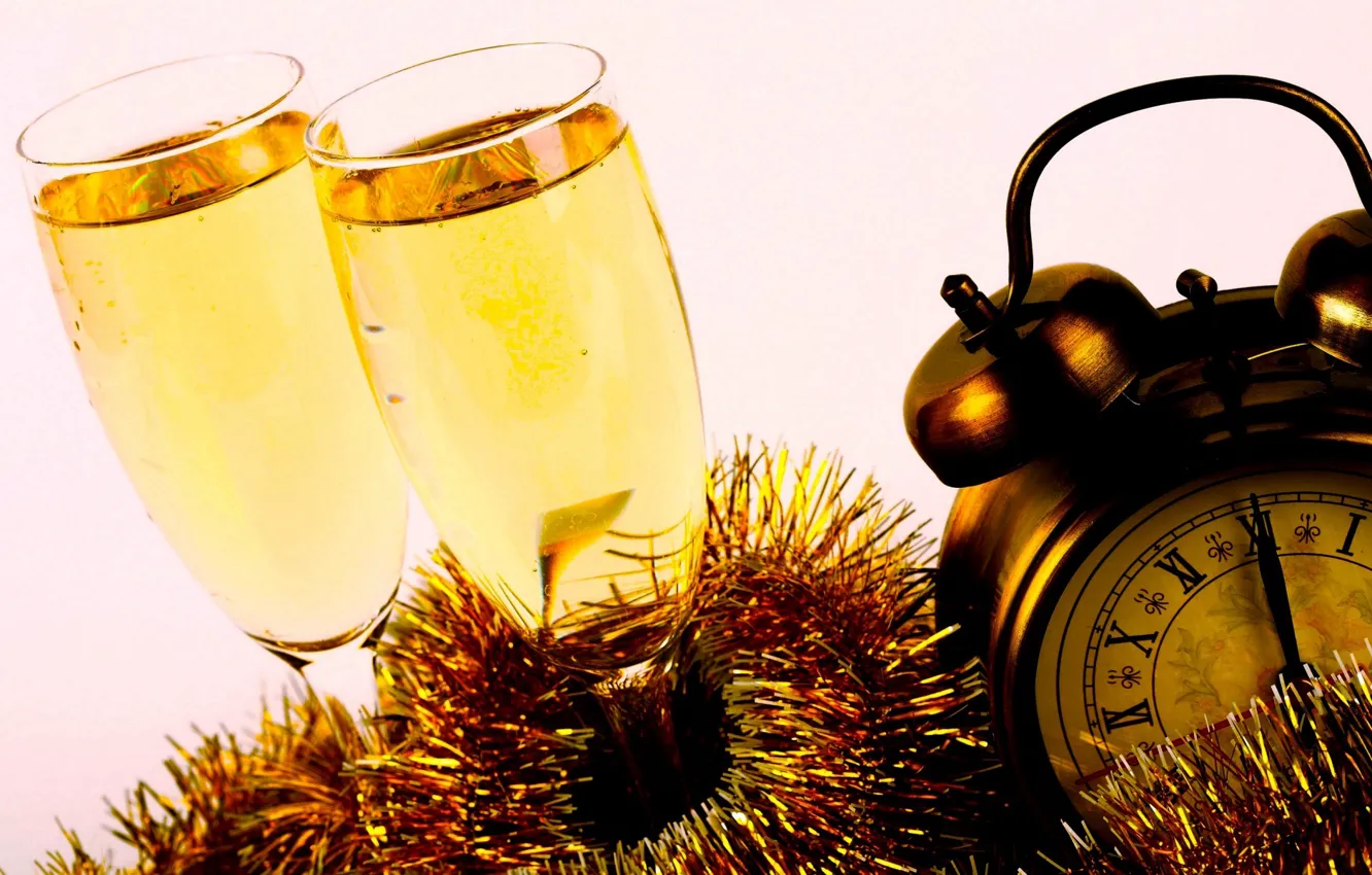 Photo wallpaper gold, holiday, watch, glass, new year, champagne, 2014