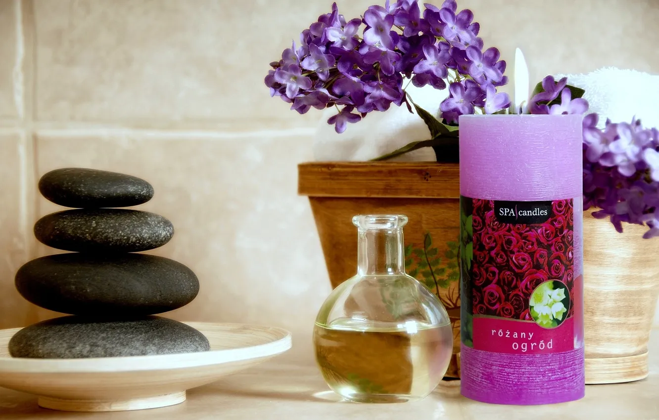 Photo wallpaper stones, oil, candles, Spa stones