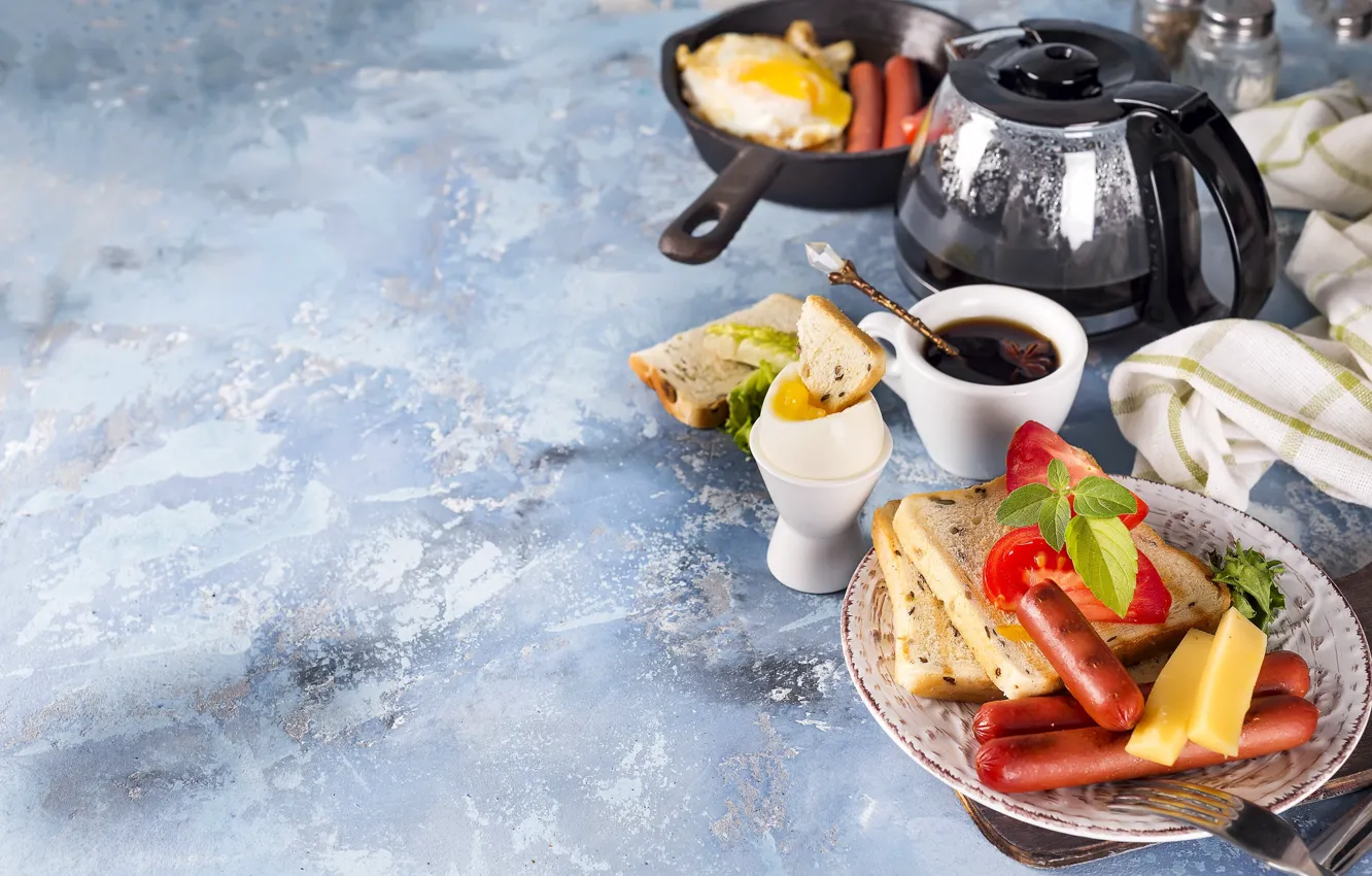 Photo wallpaper sausage, coffee, eggs, Breakfast, cheese, pan