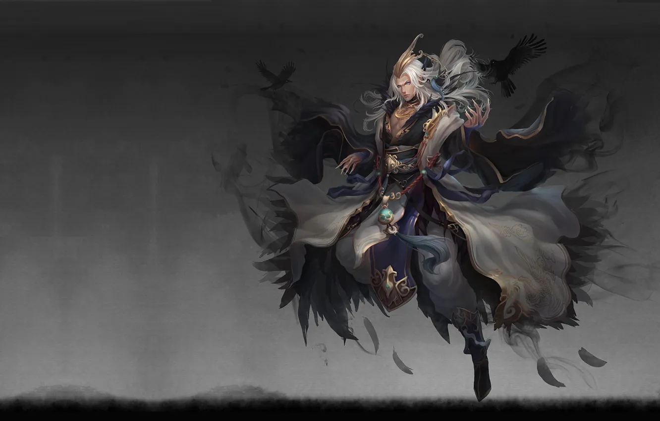 Photo wallpaper fantasy, magic, art, guy, Raven, xio Zhu, Mountain sea Jue crow