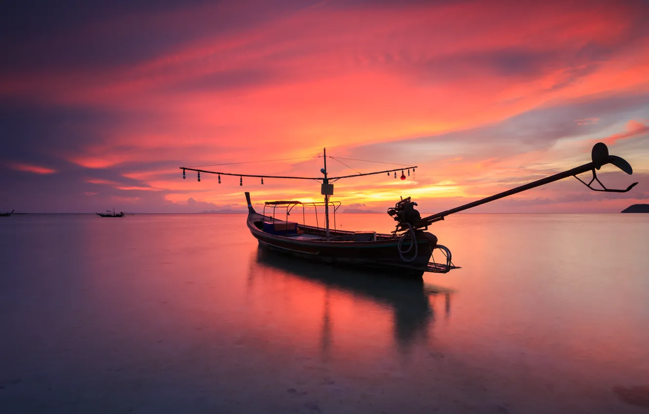 Photo wallpaper sea, wave, beach, summer, the sky, sunset, shore, boat
