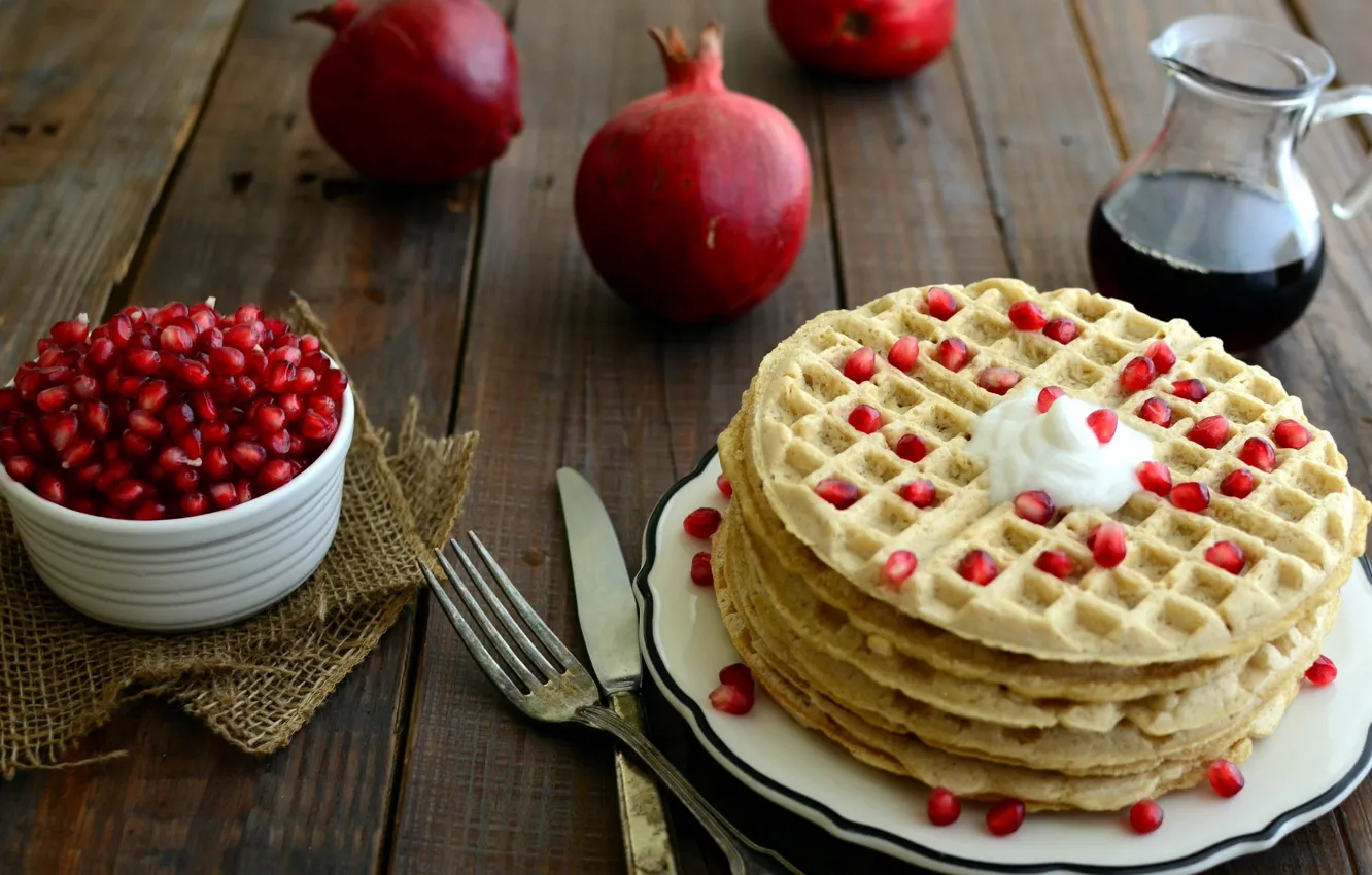 Photo wallpaper Breakfast, cream, waffles, garnet