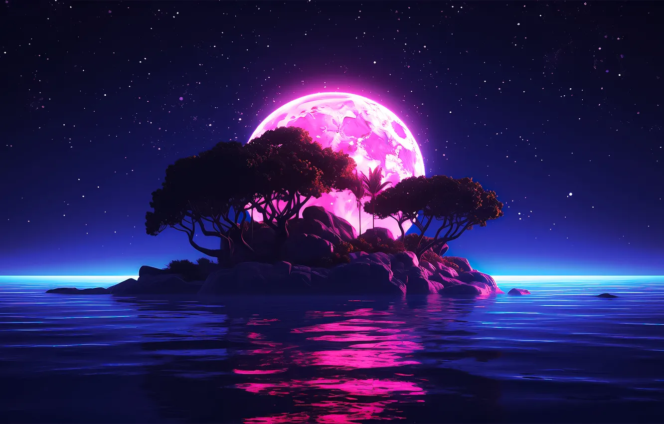 Photo wallpaper moon, trees, sea, night, island, ai art