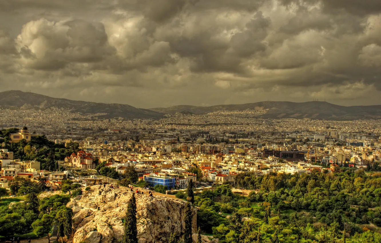 Photo wallpaper trees, landscape, mountains, clouds, home, Greece, panorama, Acropolis