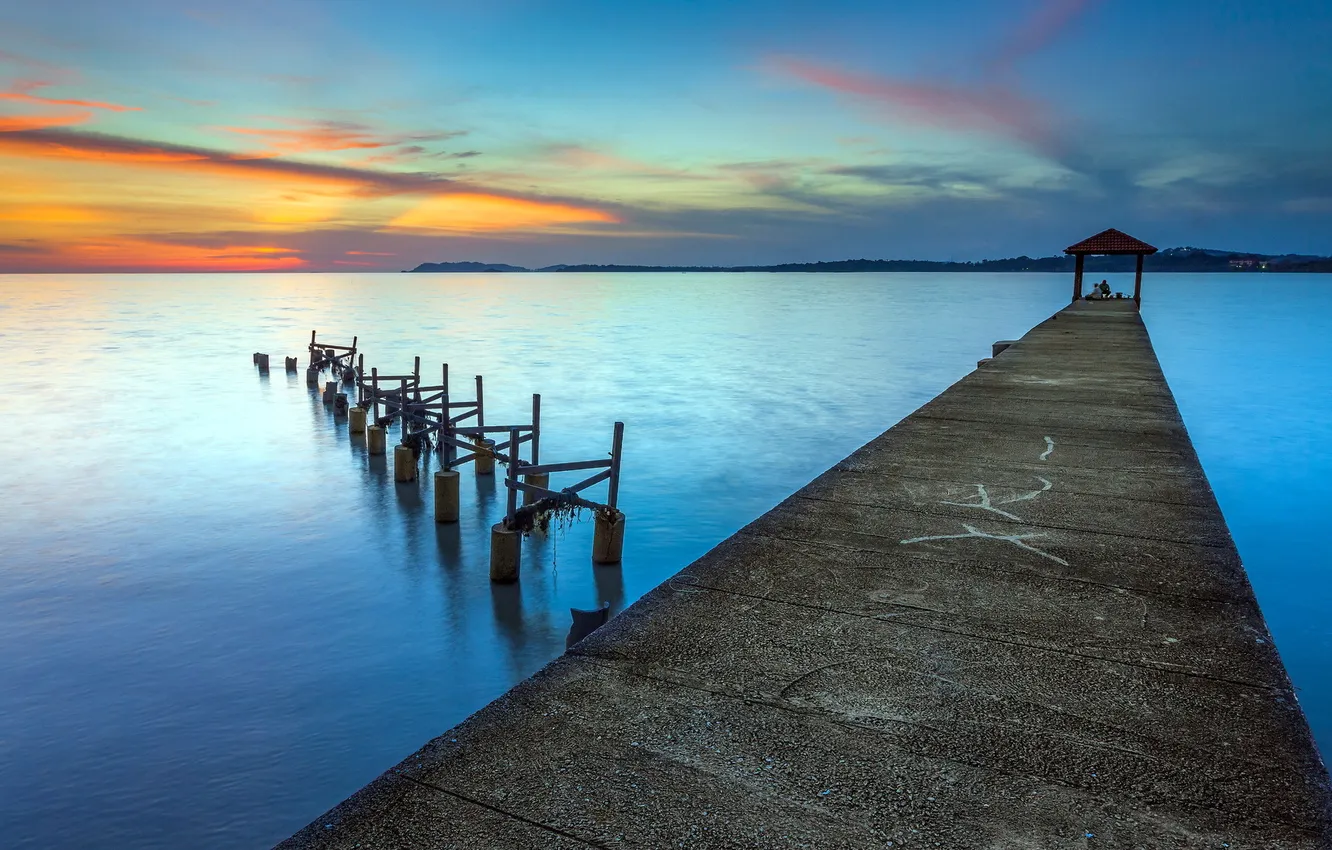 Photo wallpaper sea, landscape, sunset, bridge