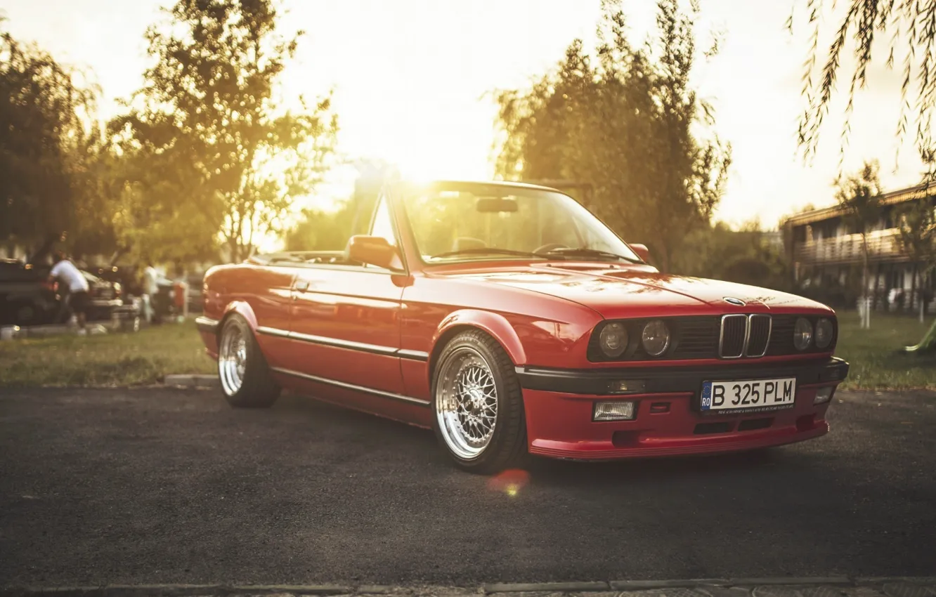 Photo wallpaper BMW, Red, Car, Sun, E30, Cabriolet, Stance, LowSociety