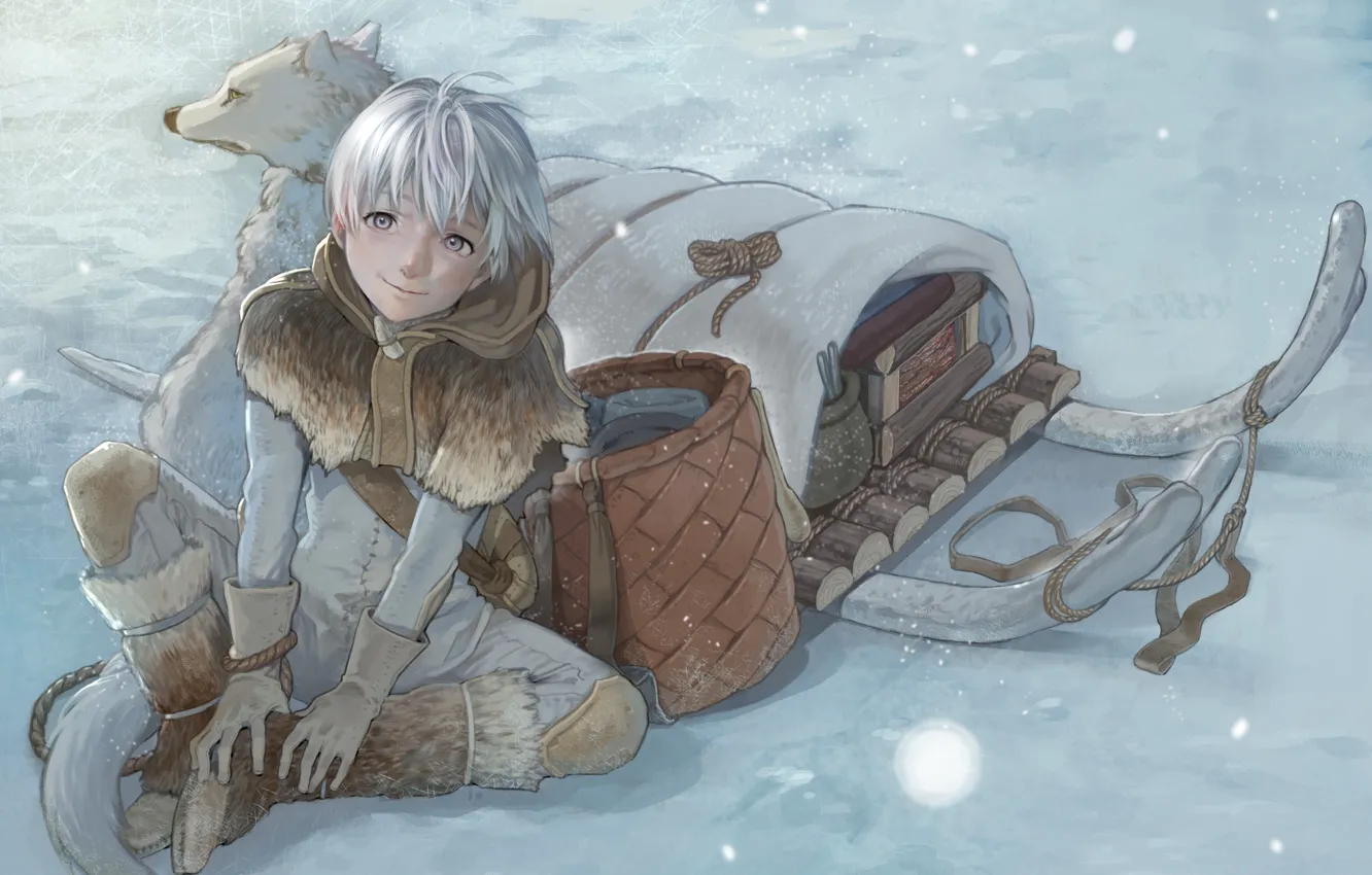 Photo wallpaper snow, fur, guy, sleigh, North, white hair, box, Fushi