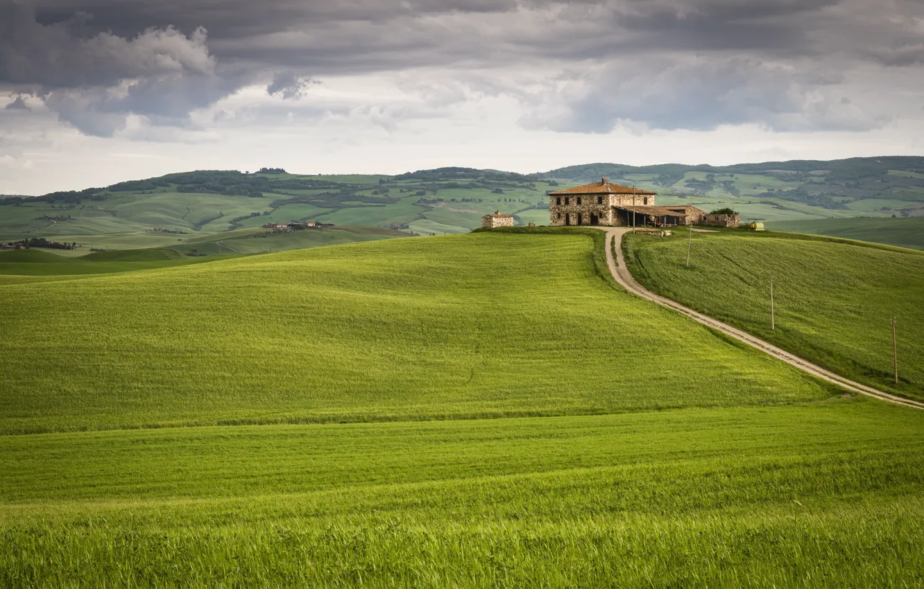 Photo wallpaper road, greens, field, the sky, grass, clouds, house, hills