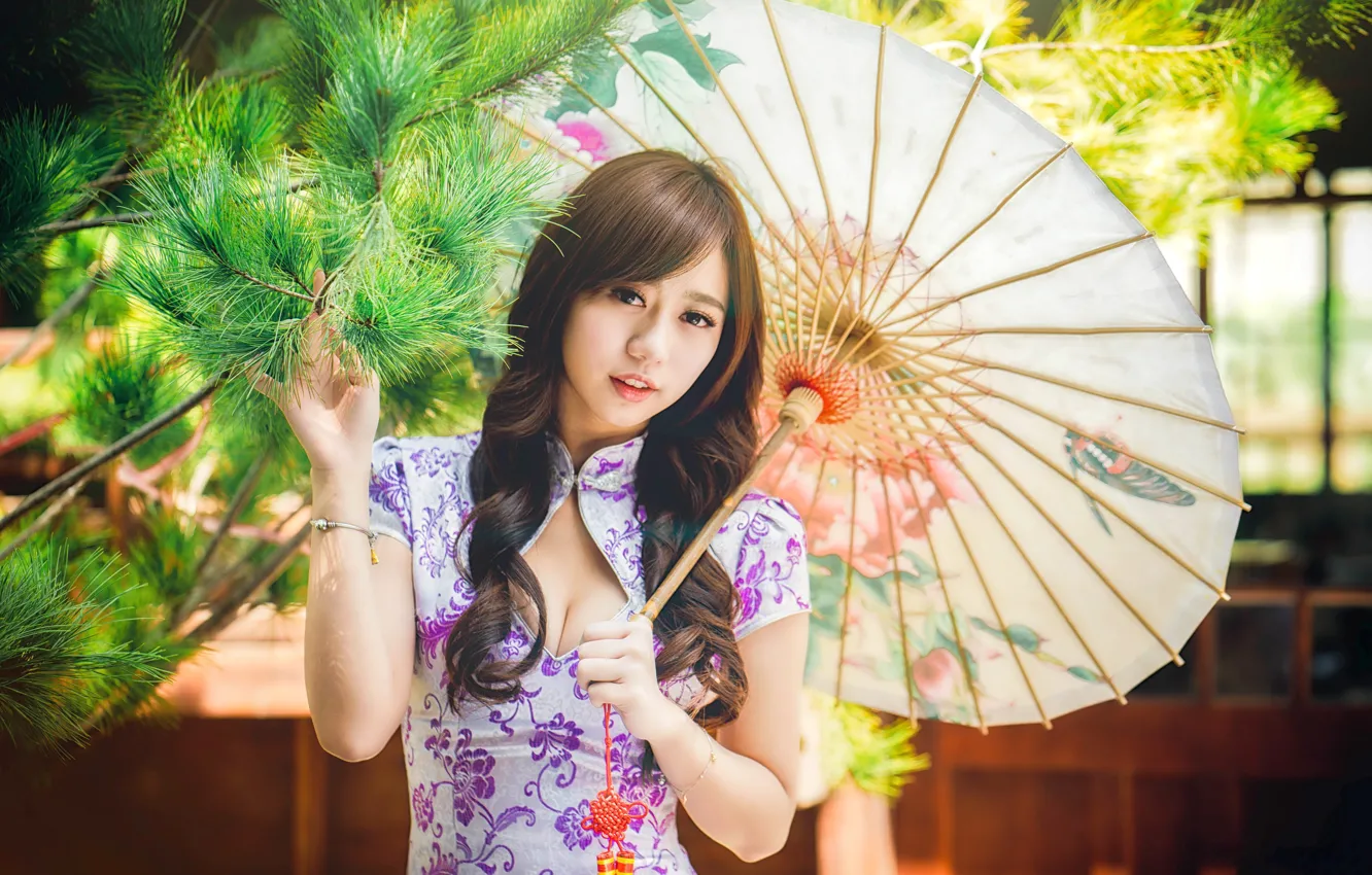 Photo wallpaper girl, umbrella, dress, Asian