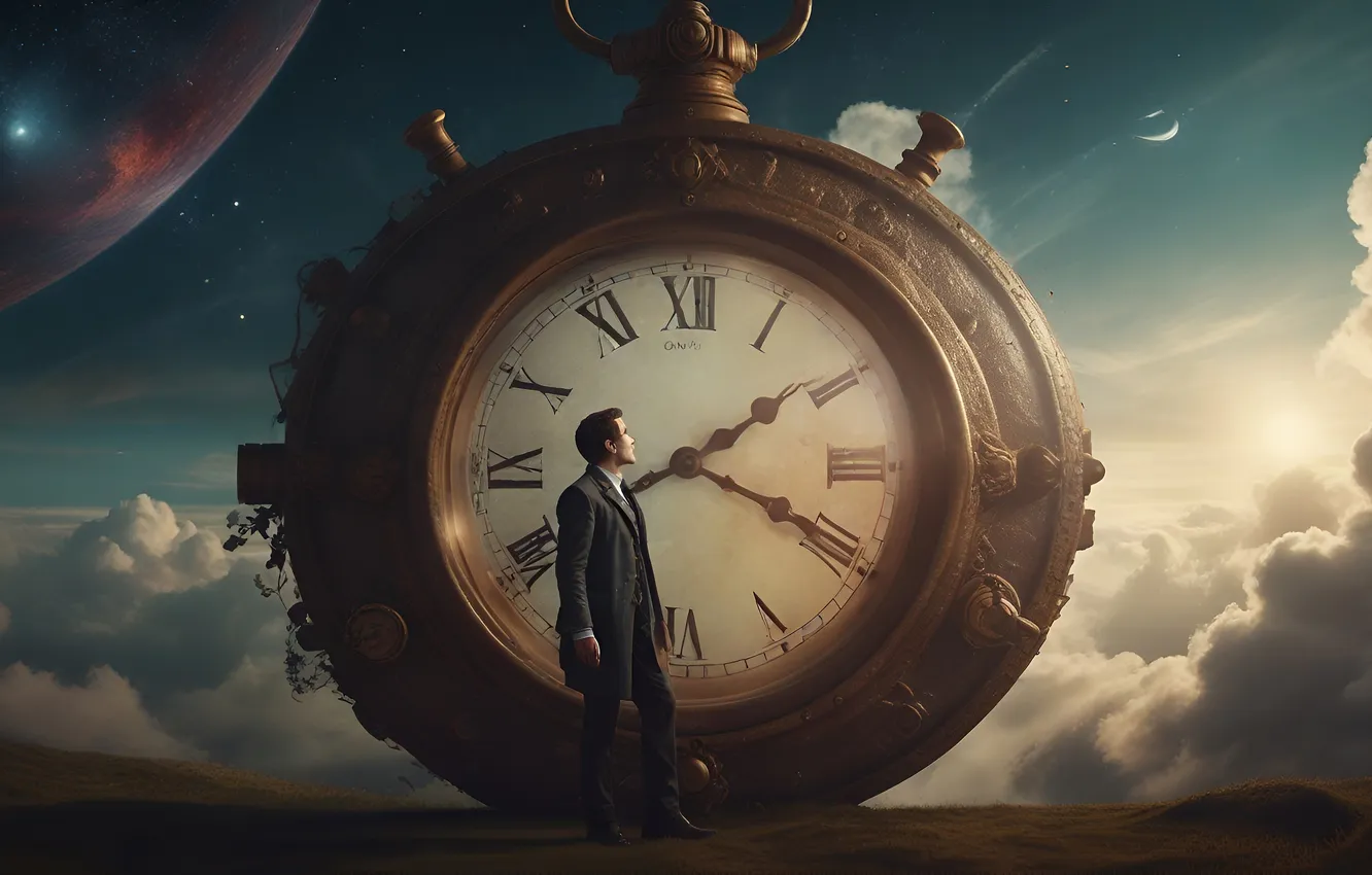 Photo wallpaper clouds, time, fantasy, watch, people, male, dial, AI art