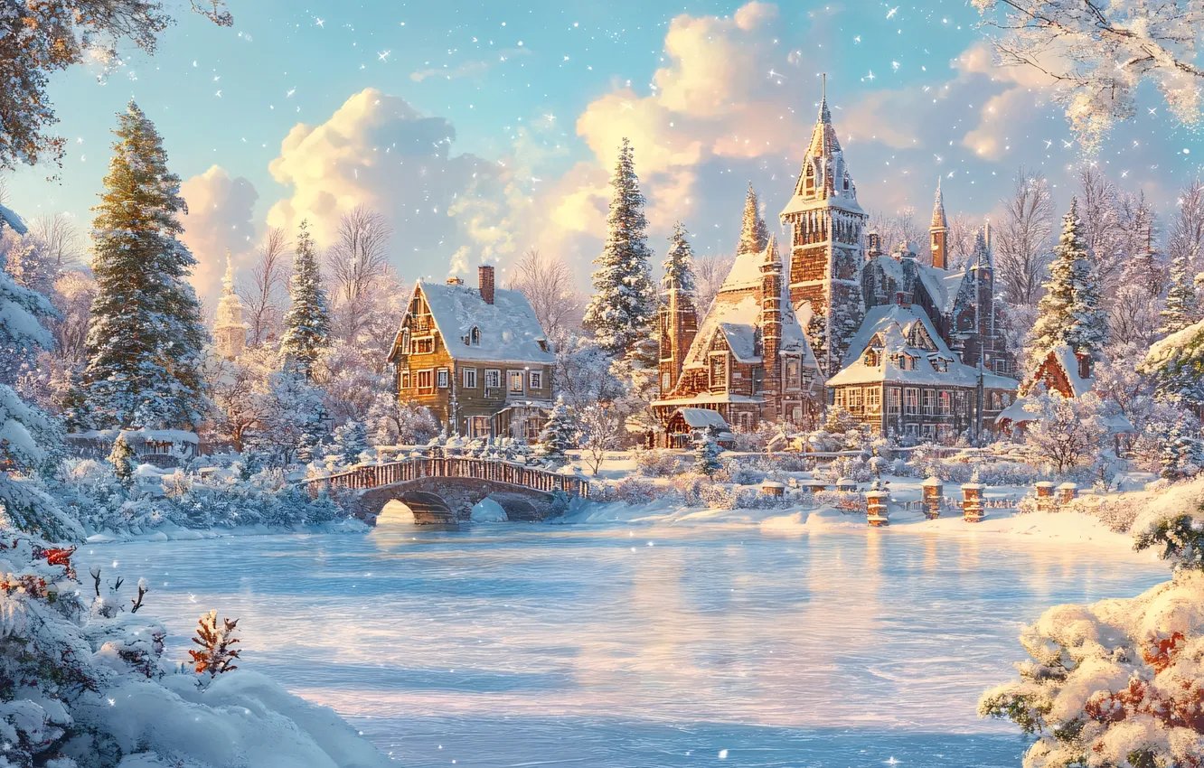Photo wallpaper winter, frost, clouds, snow, the city, shore, building, home