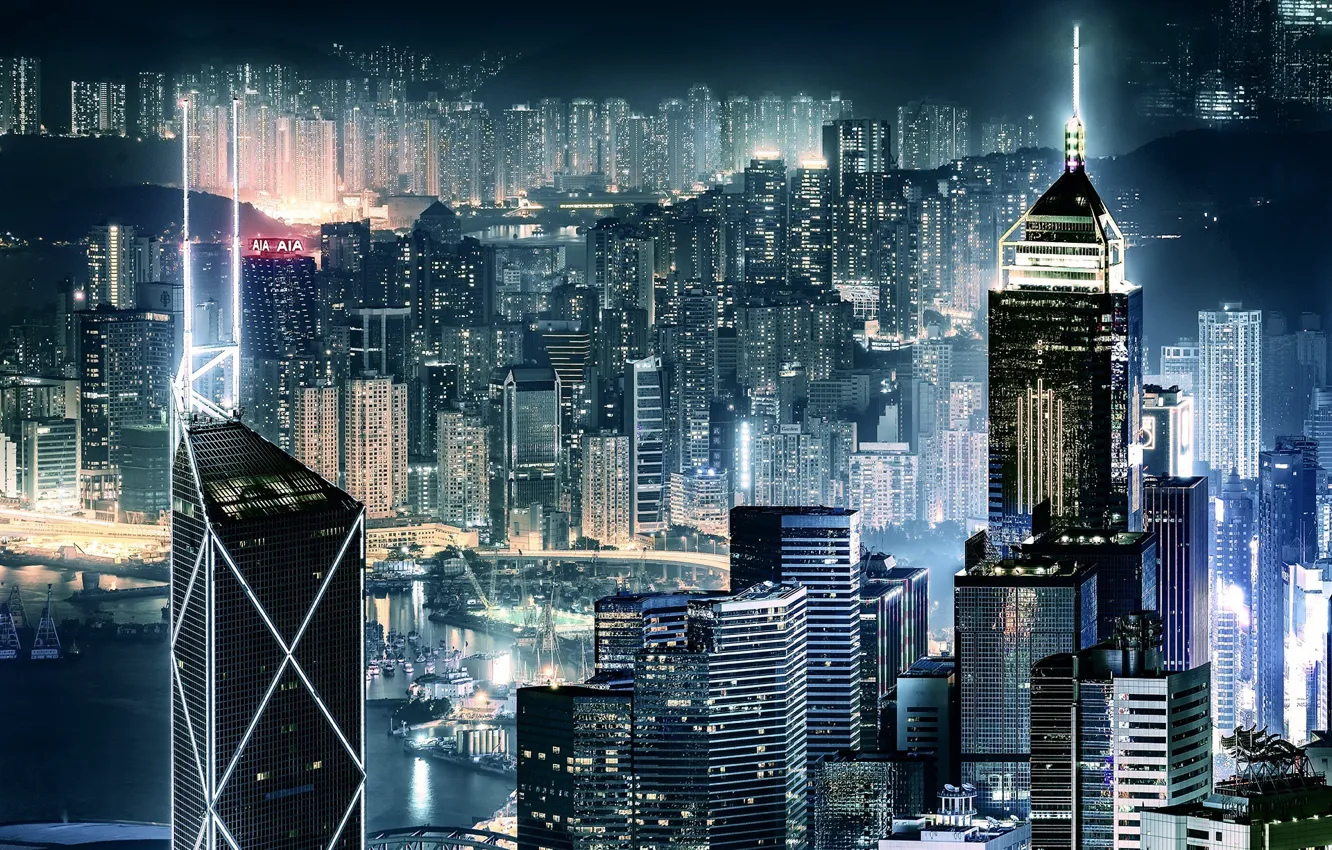 Photo wallpaper night, the city, lights, the evening, China, Hong Kong