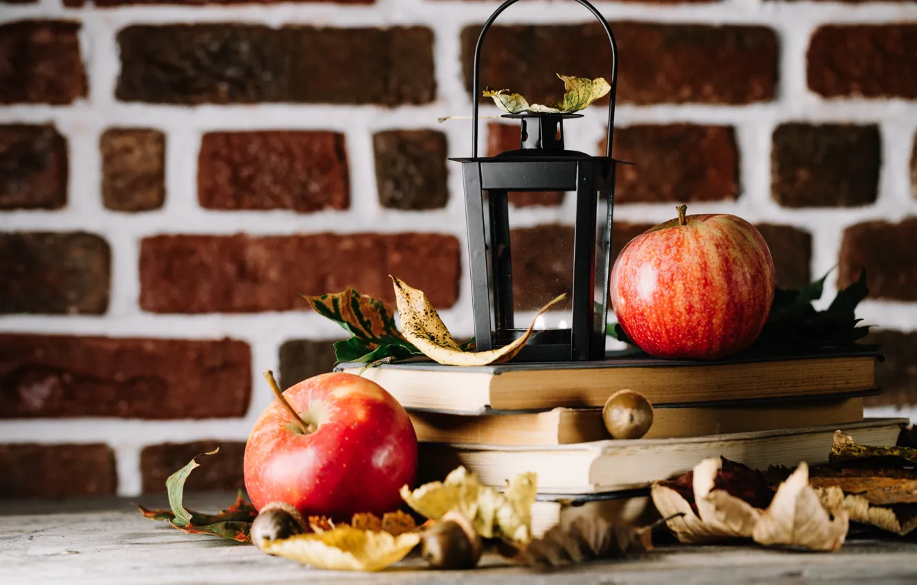 Photo wallpaper autumn, leaves, apples, books, autumn fruits
