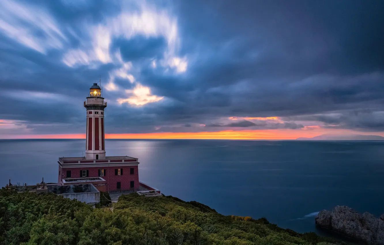 Photo wallpaper sea, the sky, clouds, sunset, coast, lighthouse, Italy, Italy