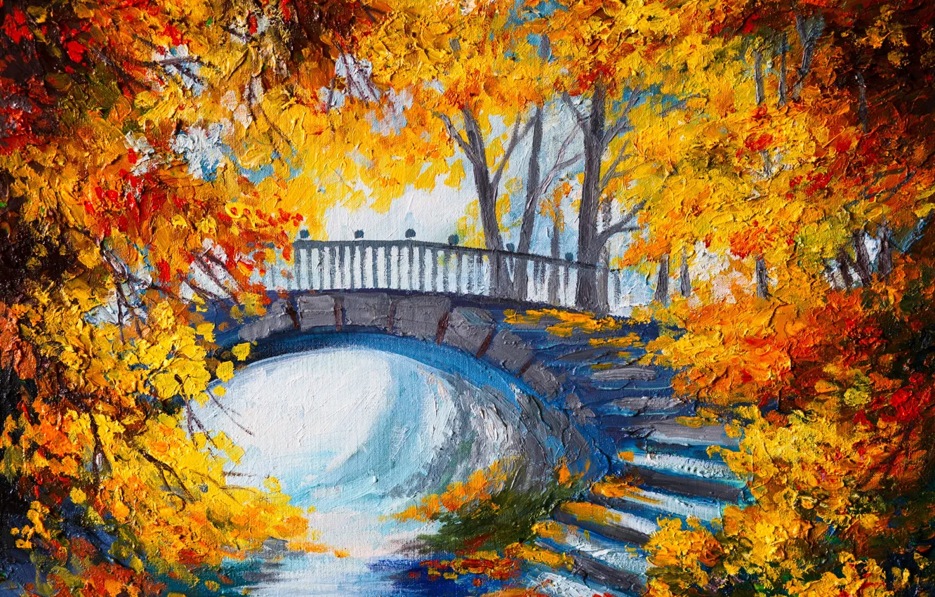Photo wallpaper autumn, trees, steps, color, the bridge, trees, bridge, autumn