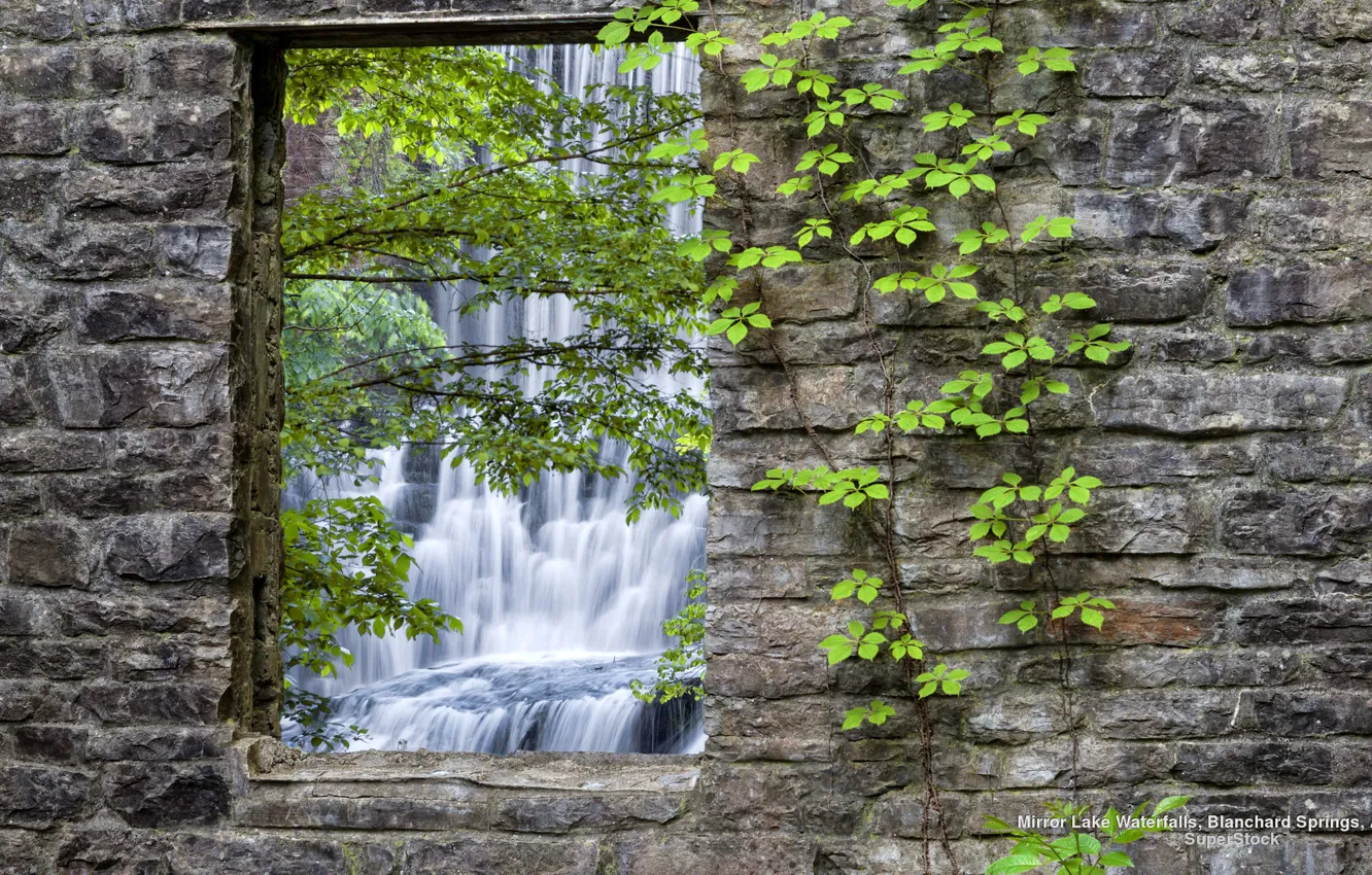 Photo wallpaper Nature, Wall, U.S., Landscapes, Waterfall, Stones, Leaves, Arkansas