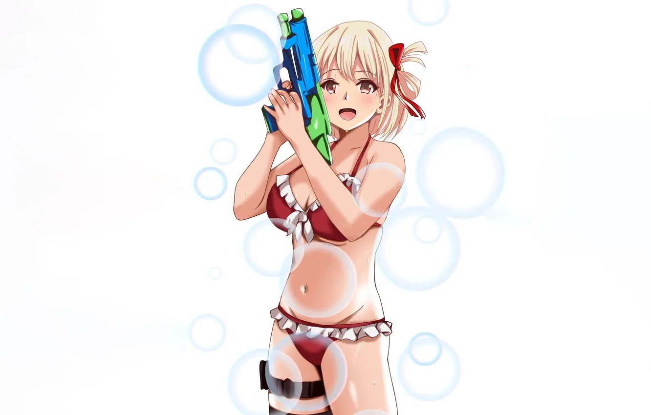 Photo wallpaper girl, sexy, wet, cleavage, boobs, anime, beautiful, red eyes