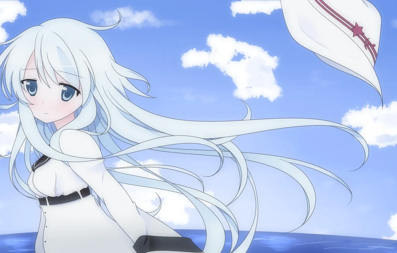 Photo wallpaper sadness, the sky, girl, clouds, the ocean, hat, art, kantai collection