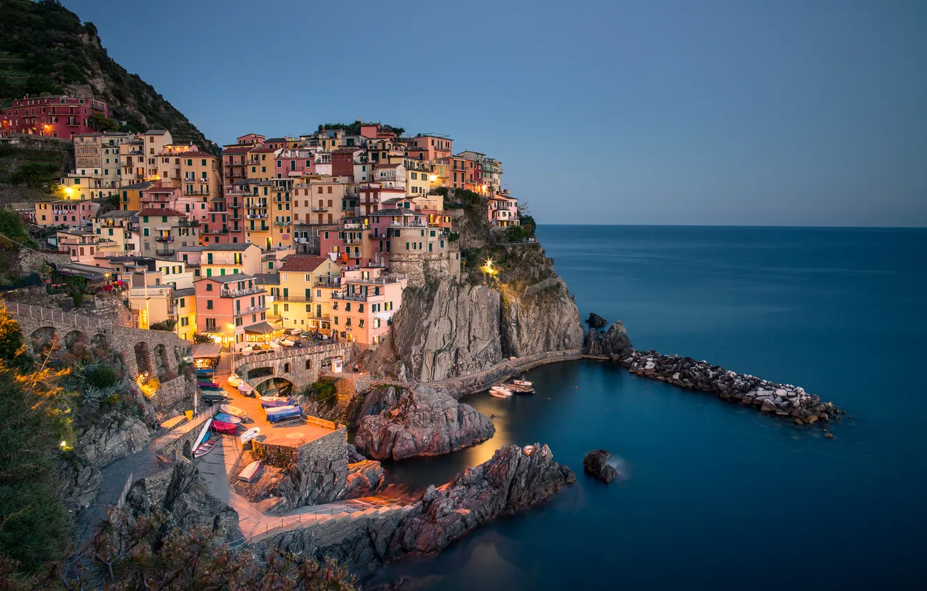 Photo wallpaper sea, landscape, rocks, coast, building, Italy, Italy, The Ligurian sea