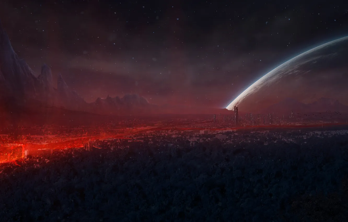 Photo wallpaper forest, stars, landscape, night, lights, fiction, rocks, planet