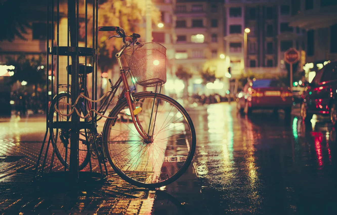 Photo wallpaper night, bike, lights, street, shadow, car, the sidewalk