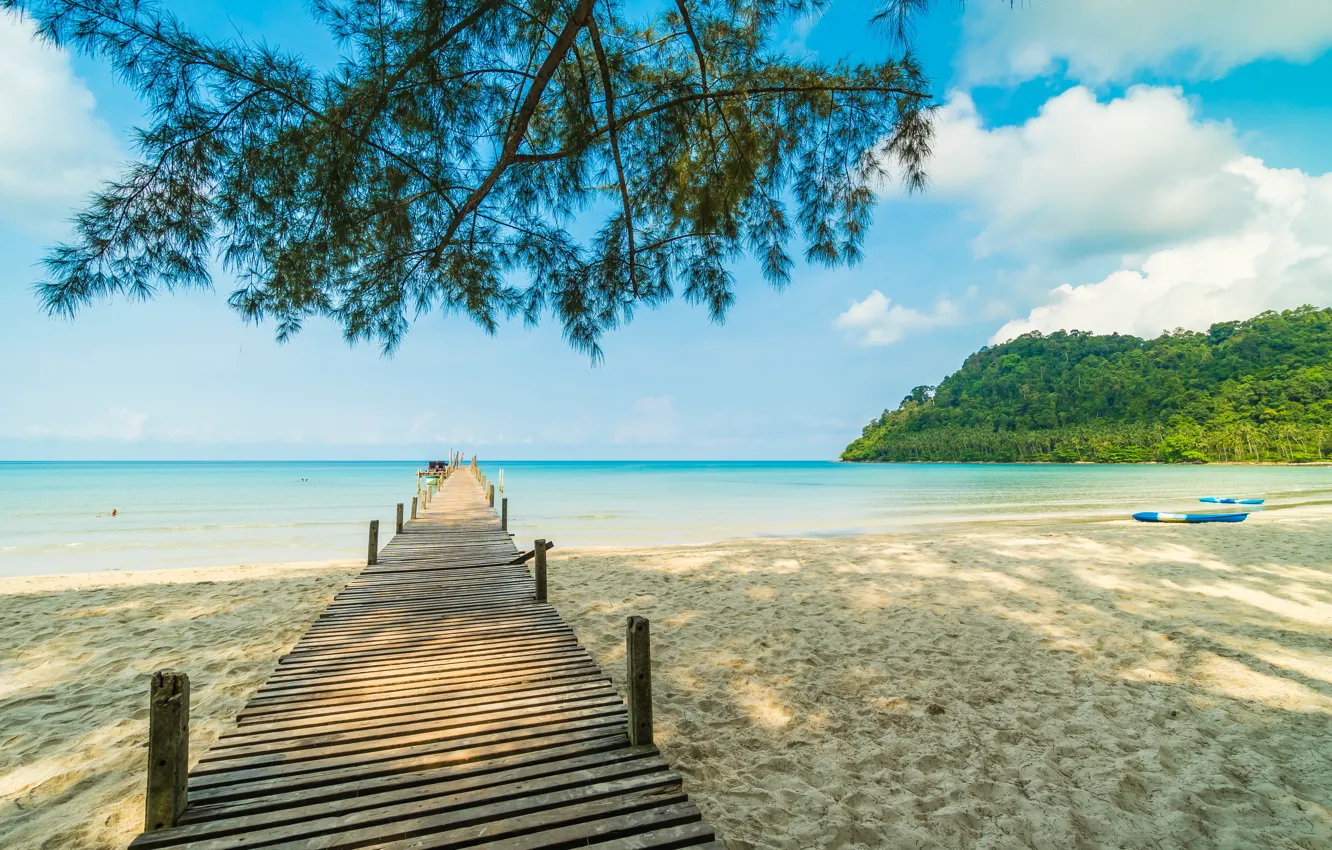 Photo wallpaper sand, sea, wave, beach, summer, the sky, palm trees, shore