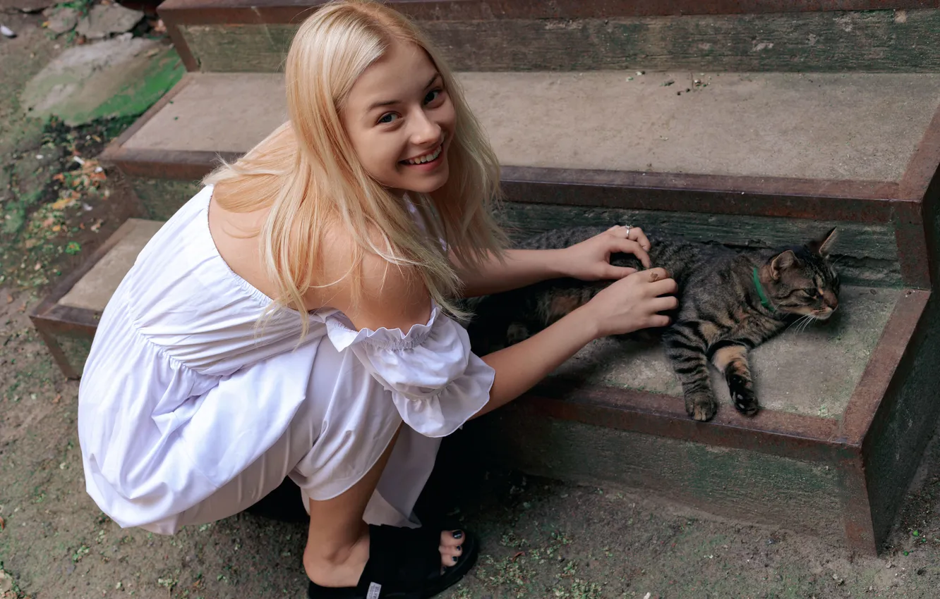 Photo wallpaper long hair, model, posing, white dress, cute girl, beautiful face, outdoors, blonde beauty