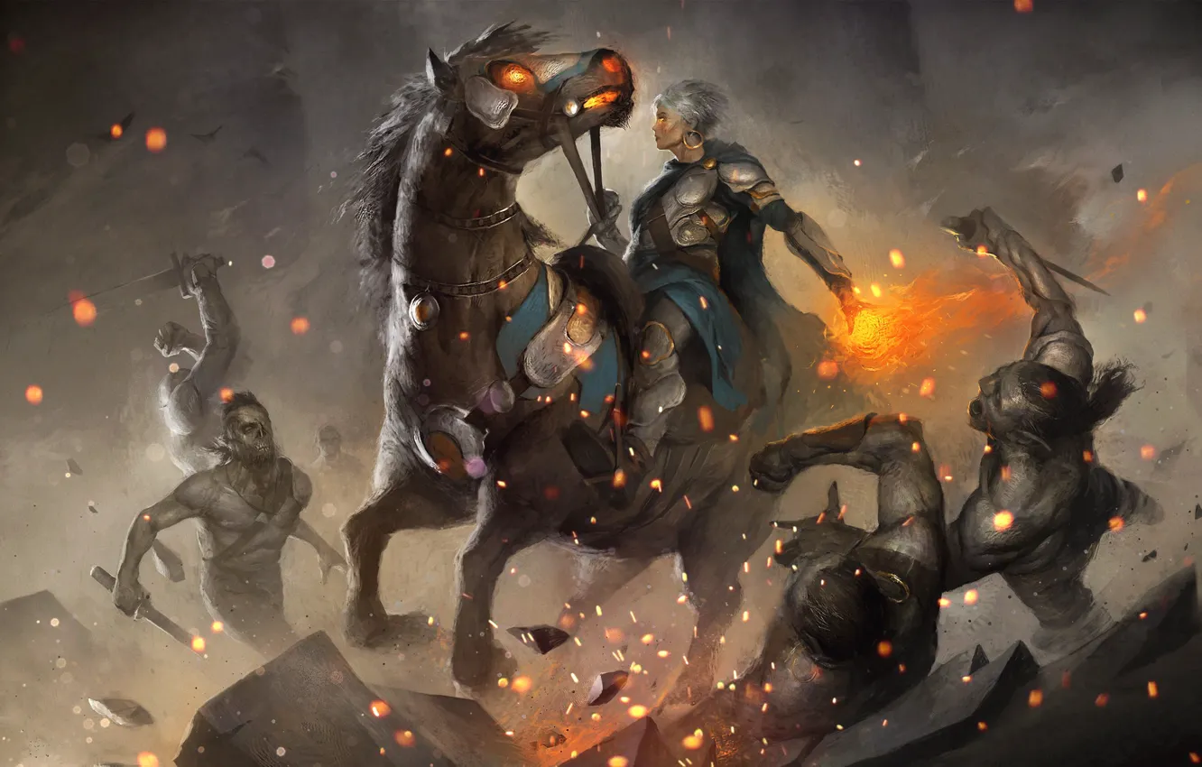 Photo wallpaper girl, fiction, darkness, horse, magic, attack, horse, the demon