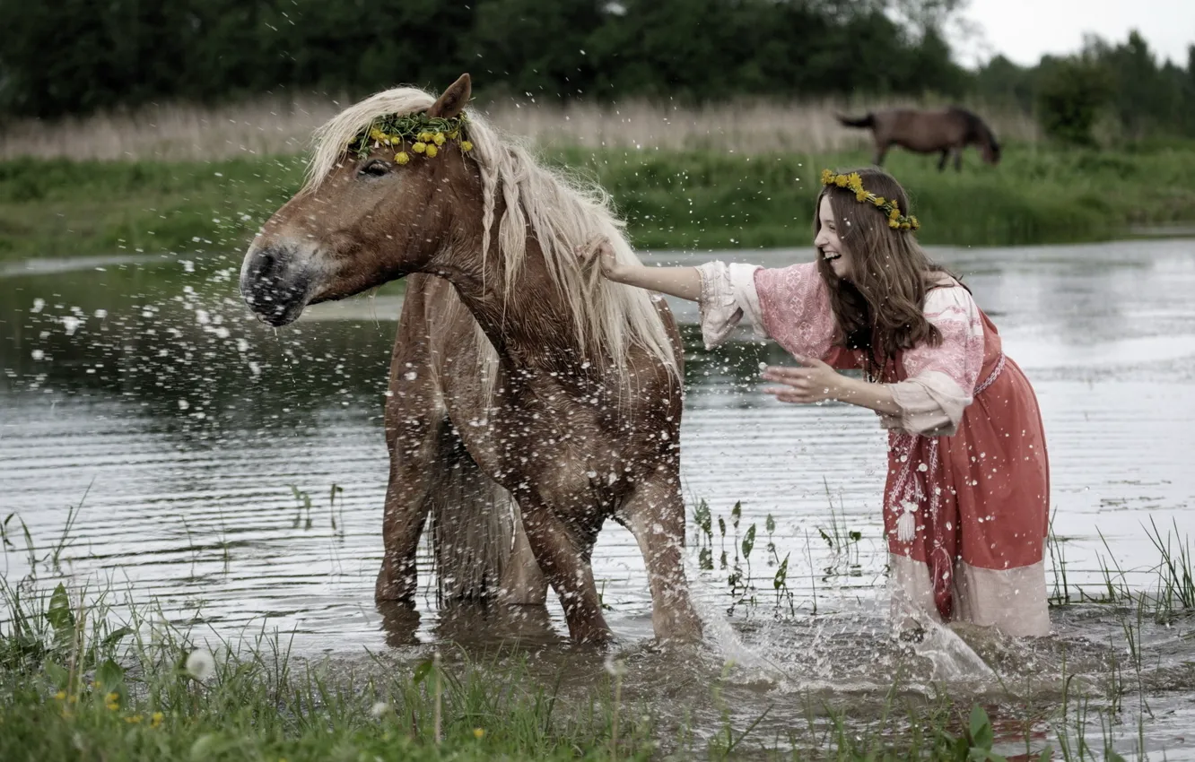 Photo wallpaper summer, girl, squirt, river, mood, horse, bathing