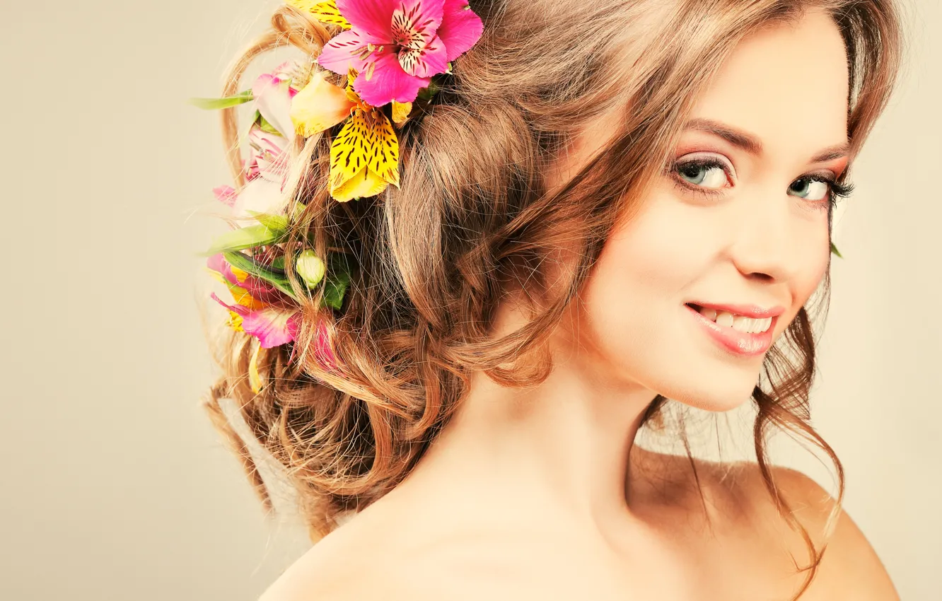 Photo wallpaper eyes, look, girl, flowers, face, smile, hair, hairstyle