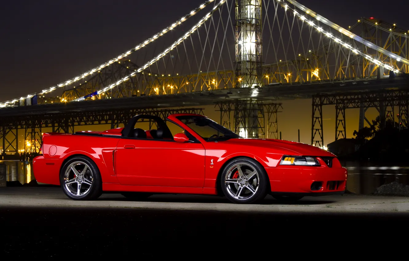 Photo wallpaper night, bridge, ford mustang, cobra, Ford Mustang