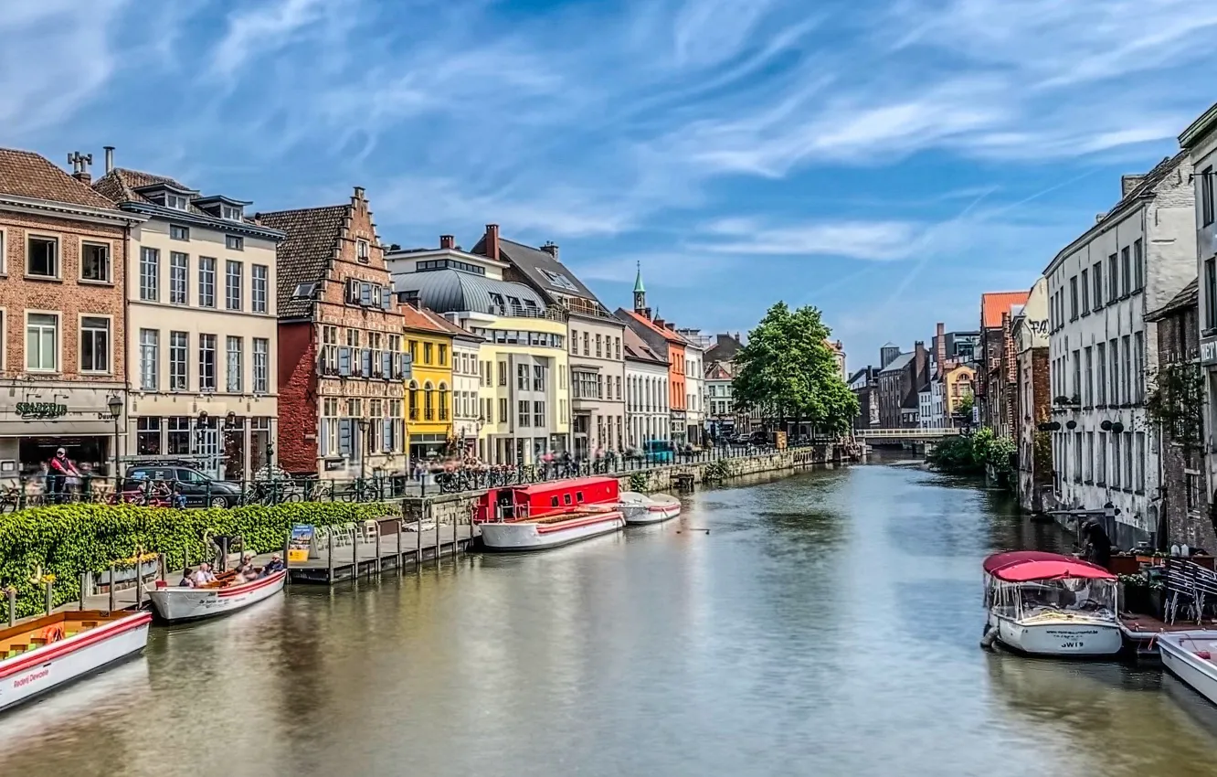 Photo wallpaper river, building, home, boats, Belgium, promenade, Belgium, Ghent