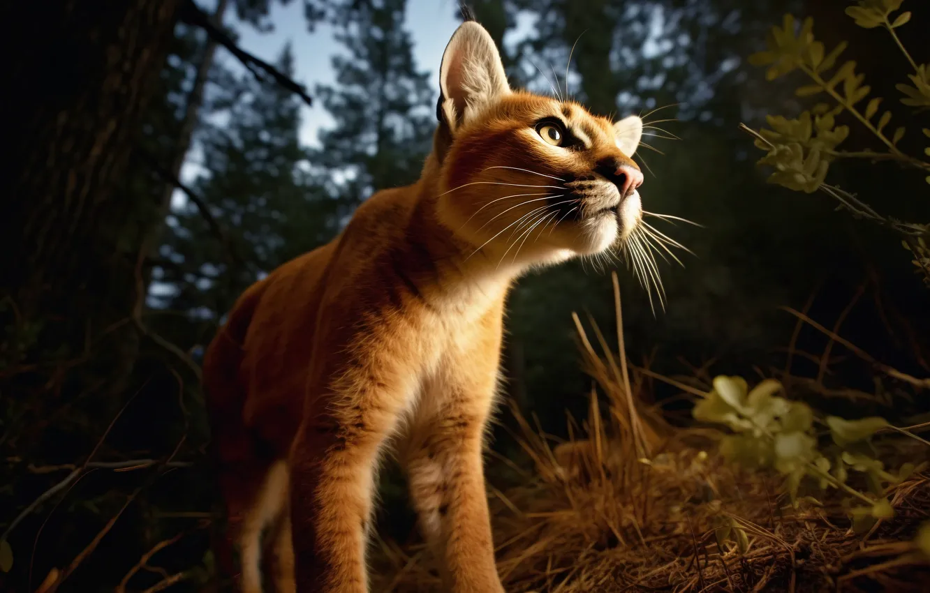 Photo wallpaper forest, look, face, branches, nature, paws, cub, Puma