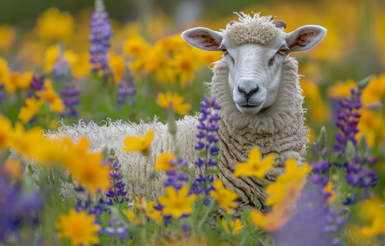 Photo wallpaper look, face, flowers, yellow, sheep, portrait, sheep, lilac