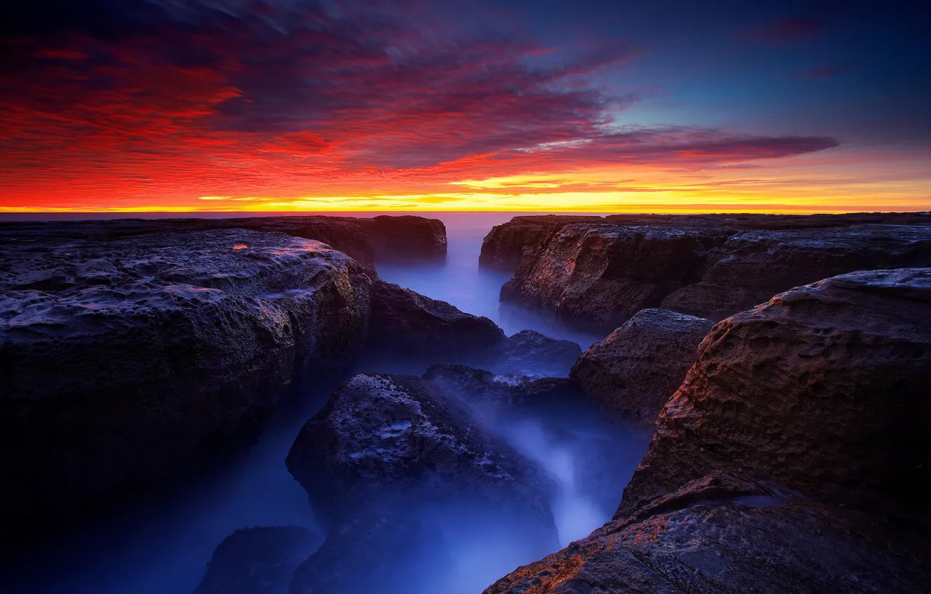 Photo wallpaper beach, the ocean, rocks, dawn