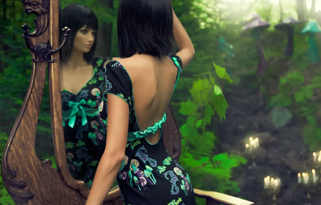 Photo wallpaper girl, nature, face, green, reflection, background, Wallpaper, tale