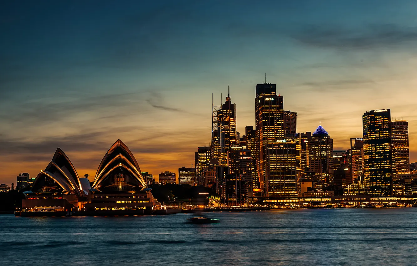 Photo wallpaper sea, sunset, horizon, Australia, Sydney, Opera house