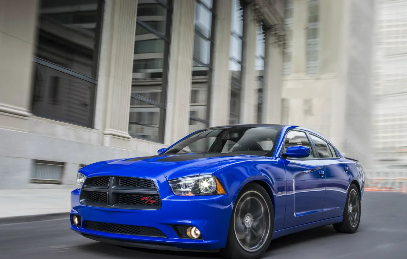 Photo wallpaper blue, movement, speed, Dodge, sedan, Dodge, Charger, Sedan