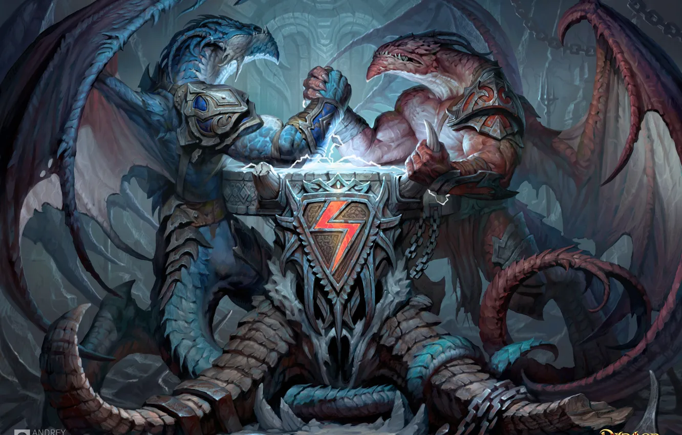 Photo wallpaper dragon, art, coat of arms, Dragon Eternity, dragons of eternity, arm wrestling, Andrew Kosinski