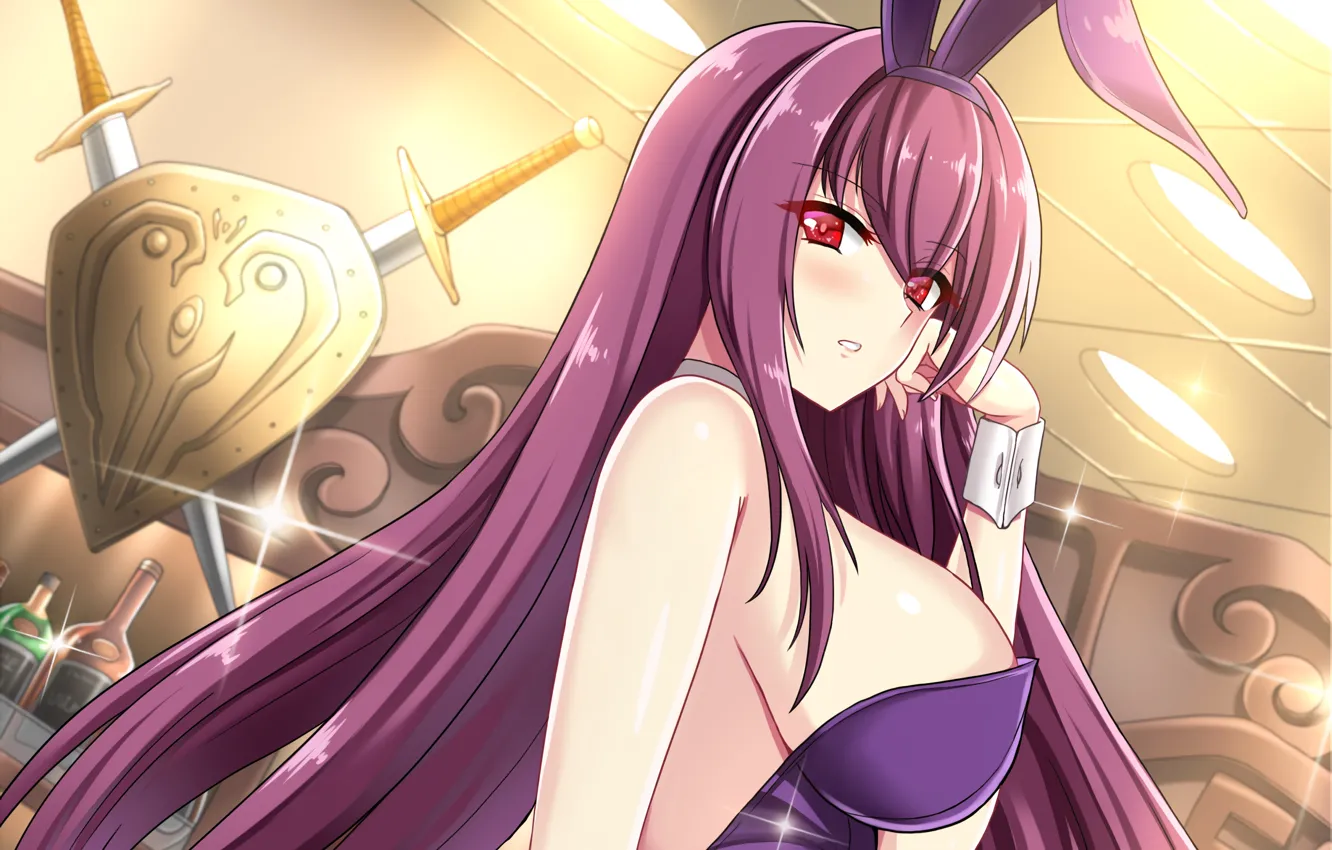 Photo wallpaper girl, cleavage, long hair, boobs, anime, beautiful, red eyes, pretty