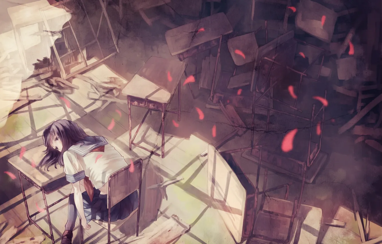 Photo wallpaper girl, anime, petals, art, class, school, desks, to yasukur