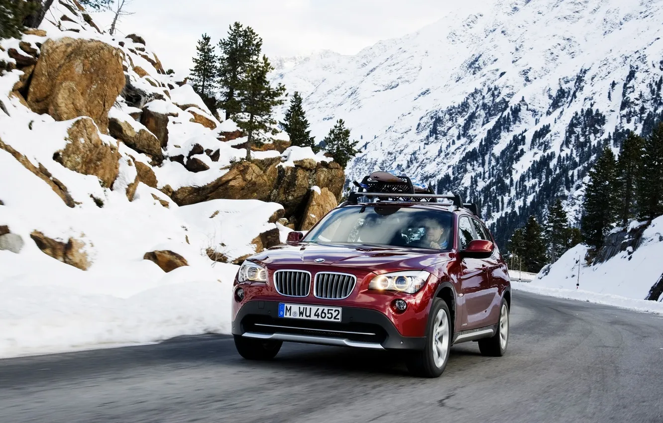 Photo wallpaper road, auto, snow, mountains, red, stones, lights, ski