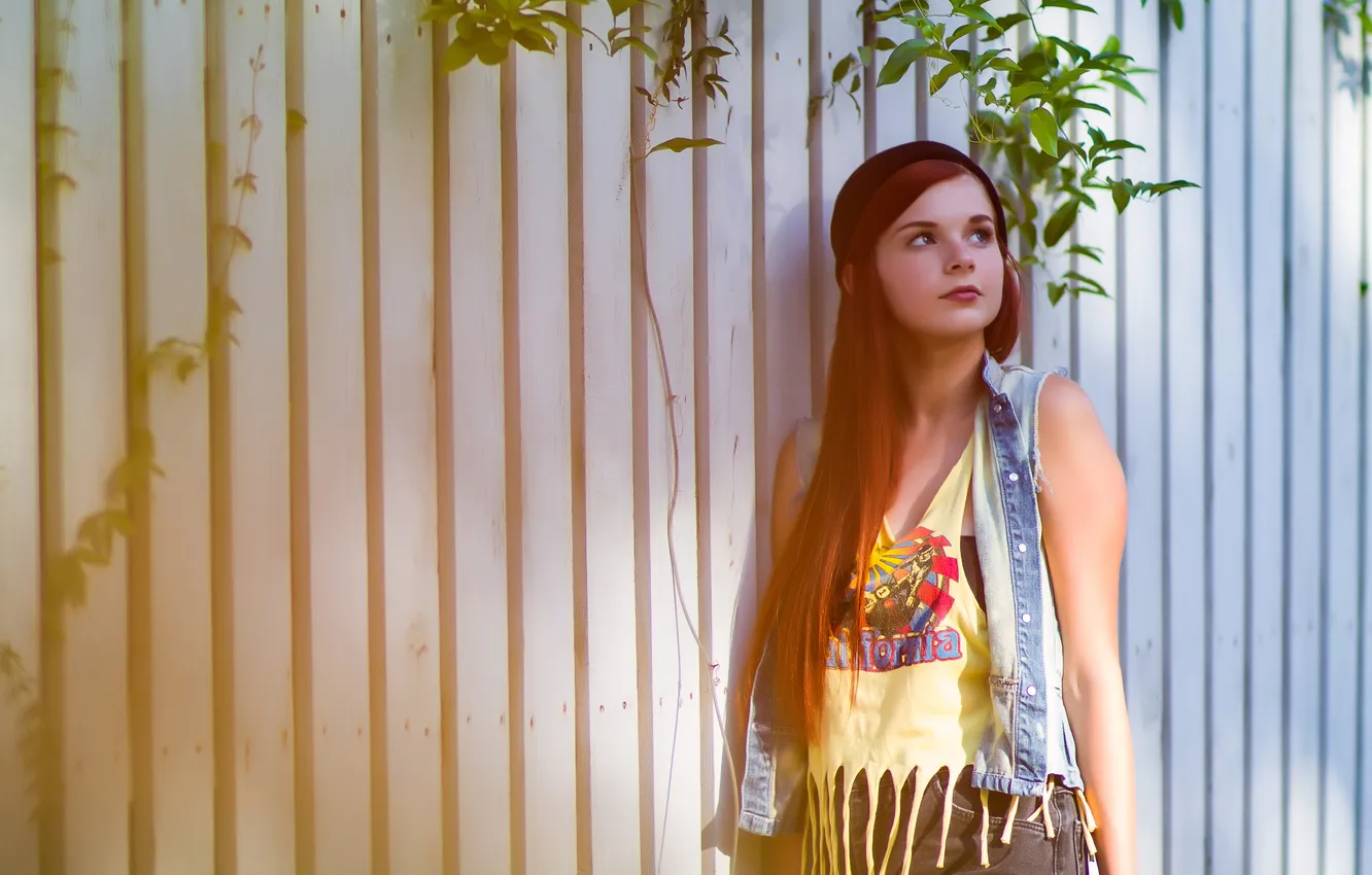 Photo wallpaper look, leaves, girl, the fence, redhead, long-haired