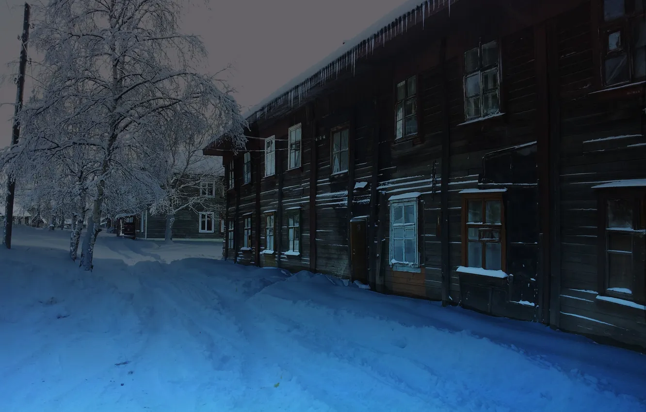 Photo wallpaper winter, snow, house, tree, the evening