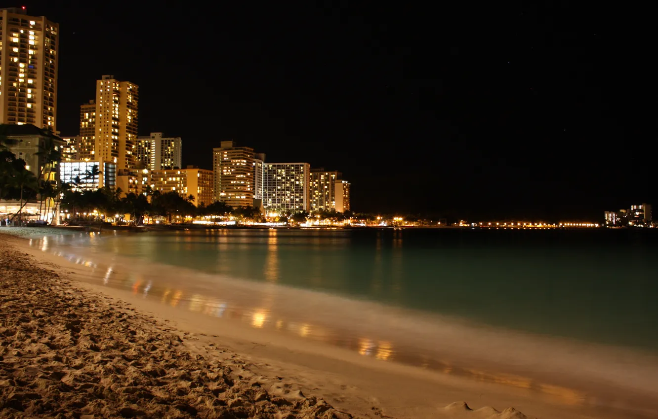 Photo wallpaper wave, beach, night, the city, lights, the ocean, Hawaii