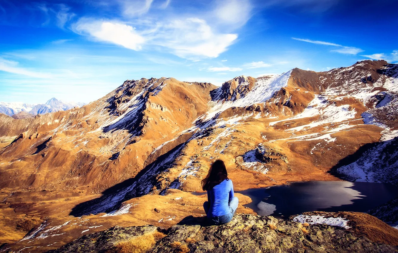 Photo wallpaper girl, snow, mountains
