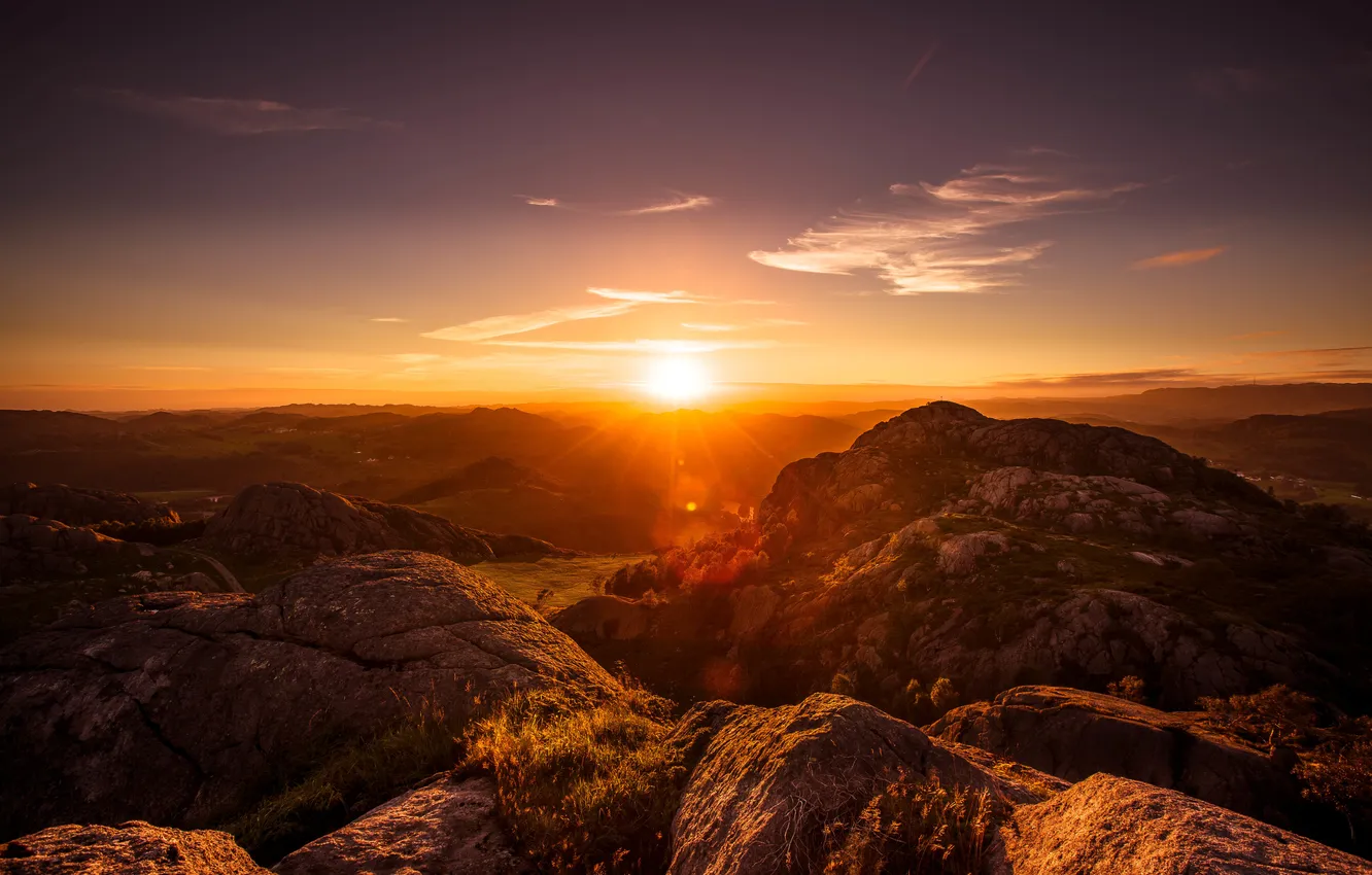 Photo wallpaper the sun, landscape, mountains, nature, dawn, view, panorama