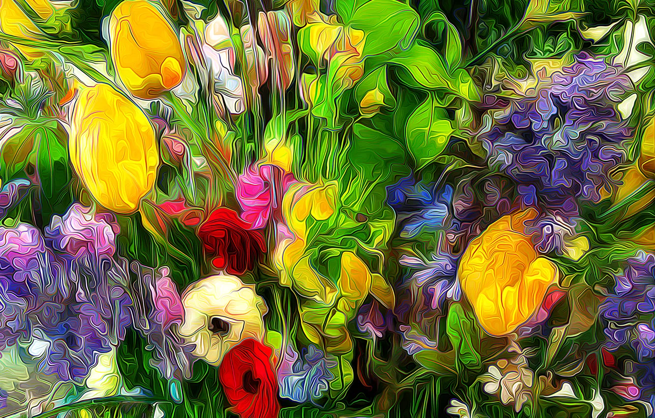 Photo wallpaper grass, flowers, petals, garden, meadow